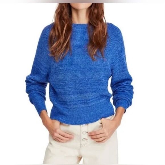 Free People Too Good Blue‎ Ribbed Mock Neck Sweater S - Picture 1 of 6